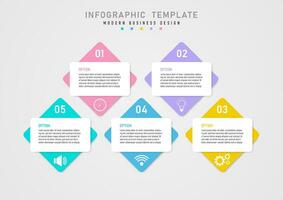 infographic template 5 business options top white squares with text in the middle and multicolored squares below. white numbers above white icon below gray gradient background vector