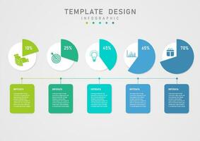 infographic template white circles with top icons and circles Divided into multi-colored sections with percentage numbers above. Below are multi-colored square frames with letters. vector