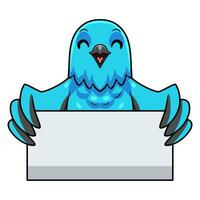 Cute spangled cotinga bird cartoon holding blank sign vector