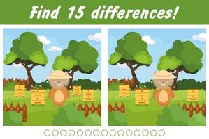 Game for kids find 15 differences in the picture. Game bear collects honey. vector