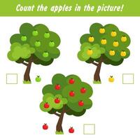 Mathematical task for children. Count the apples on the trees. Preschool education. vector