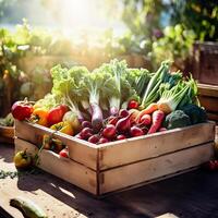 Farm-to-Table Bounty - Assorted Vegetables in a Rustic Wooden Box - Generative AI photo