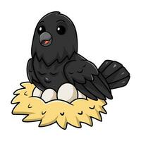 Cute crow bird cartoon with eggs in the nest vector