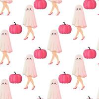 Halloween seamless pattern girly pink doll and pumpkin glamour vector