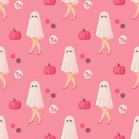 Seamless pattern pink ghost girl glamour, pumpkin, cocktail, Halloween party vector