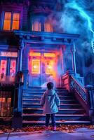 Halloween Magic - Child Visit Glowing Old House for Treats - Generative AI photo