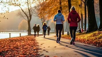activo otoño escena - muchachas corriendo en el parque a amanecer - generativo ai foto