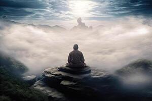 Serene Meditation - Buddhist Monk on Mountain Peak - Generative AI photo