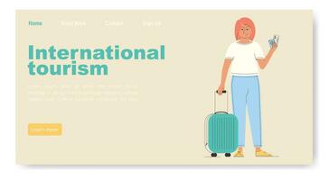 Time to travel banner with smiling woman. World tourism day celebration. vector