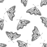 Hand drawn butterfly seamless pattern. Monochrome insects doodle. Black and white vintage elements. Vector sketch. Detailed retro style.