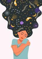 A woman hugs herself, in her head there is a cosmos of a star. The concept of self-love, harmony and balance, psychology, mental health. Vector illustration