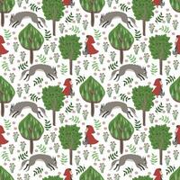 Little Red Riding Hood and wolf, fairy tale characters. Forest. Seamless pattern. Vector illustration