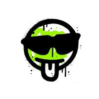 Smiling face with tongue out emoticon character with cool 90s sunglasses. Spray painted graffiti smile face in black over white. isolated on white background. Grunge textured vector illustration