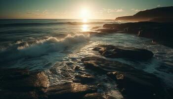 Sunset over the coastline, waves crashing on rocks, nature beauty generated by AI photo