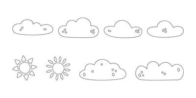 Hand drawn linear vector illustrations of clouds and suns