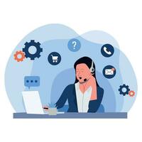 Customer Service concept with online personnel working on laptops taking calls and answering queries, colored vector illustration