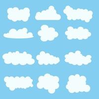 Clouds set isolated on a blue background. Simple cute cartoon design. Modern icon or logo collection. Realistic elements. Flat style vector illustration.