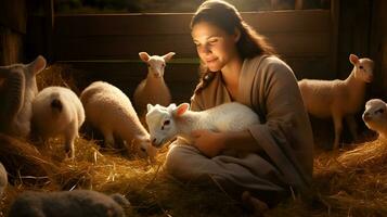 Prretty girl hugs white sheep in the farm. Sheep farming. photo