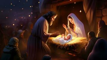 Scene of the birth of Jesus. Christmas nativity scene. photo