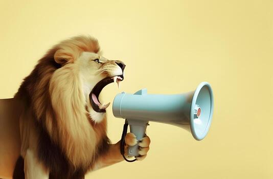 Lion announcing using hand speaker. Notifying, warning, announcement photo