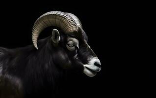 Head shot of dark ram with large helix shaped horns isolated on black photo