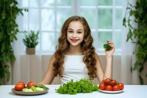 joven mujer comiendo sano comida y sentado en el comida habitación decorado con verde plantas foto