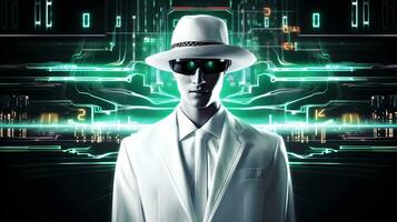 Hacker with white hat. Concept of ethical hacking, dark web, cybercrime, cyberattack photo