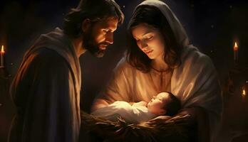 María, Joseph y el bebé Jesús, hijo de dios, Navidad historia, Navidad noche foto