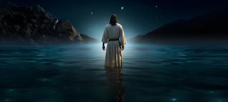 Jesús Cristo caminando en agua a fantástico noche. foto