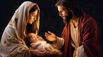 María, Joseph y el bebé Jesús, hijo de dios, Navidad historia, Navidad noche foto