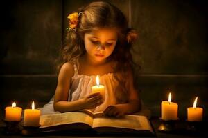 Little girl reading bible book. Worship at home. photo