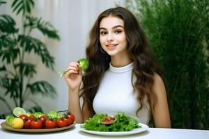 joven mujer comiendo sano comida y sentado en el comida habitación decorado con verde plantas foto