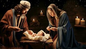 María, Joseph y el bebé Jesús, hijo de dios, Navidad historia, Navidad noche foto