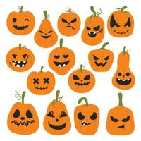 Scary Halloween pumpkin faces. Scary smiles. Evil pumpkin for autumn Halloween celebration. Spooky face on white background isolated. Jack o Lantern decoration for funny halloween vector