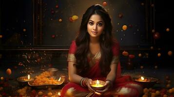 Indian woman in traditional sari with oil lamp and celebrating Diwali, fesitval of lights photo