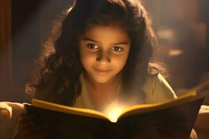 pequeño niña leyendo libro con hora de acostarse cuentos. foto