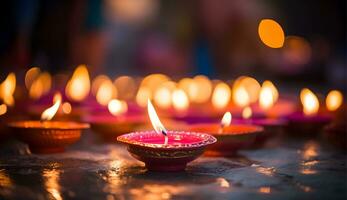 Oil lamp decoration in happy Diwali festival. photo