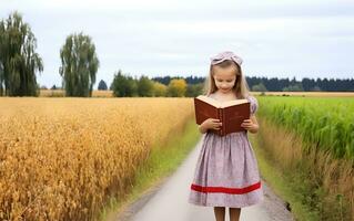 pequeño niña leyendo santo Biblia libro a campo. foto