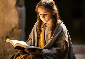 bonito niña leyendo santo Biblia libro. foto