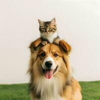 Portrait of a cute cat on the adorable pet dog. Concept of national pet day. photo