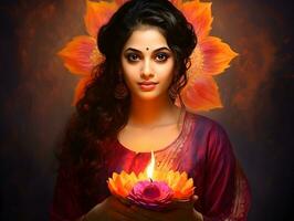 Indian woman in traditional sari with oil lamp and celebrating Diwali, fesitval of lights photo