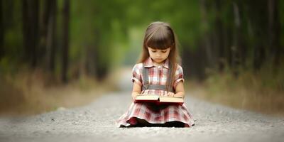 pequeño niña leyendo santo Biblia libro a campo. foto