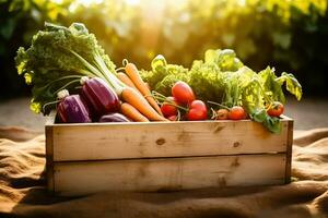 Vibrant Garden Harvest - Assorted Fresh Vegetables in a Wooden Box - Generative AI photo