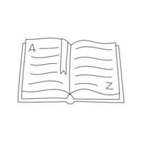 Outline open book lying on the table. Hand drawn dictionary with the letters A and Z. A textbook with a bookmark. Black and white doodle vector illustration isolated on a white background.