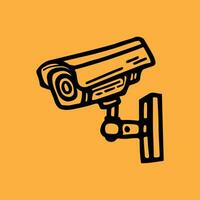 Security camera. CCTV surveillance system. Monitoring, guard equipment, burglary or robbery prevention. Vector illustration isolated on yellow background.