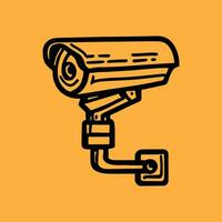 Security camera. CCTV surveillance system. Monitoring, guard equipment, burglary or robbery prevention. Vector illustration isolated on yellow background.