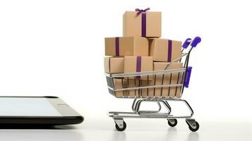 Paper boxes in the trolley and smartphone. Online shopping and e-commerce concept. photo