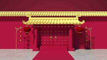 entrar a chinês Palácio, vermelho paredes e dourado azulejos, 3d Renderização. video