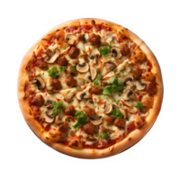 round pizza isolated on transparent background ,italian pizza with mushroom toppings ,generative ai png