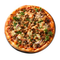 round pizza isolated on transparent background ,italian pizza with mushroom toppings ,generative ai png